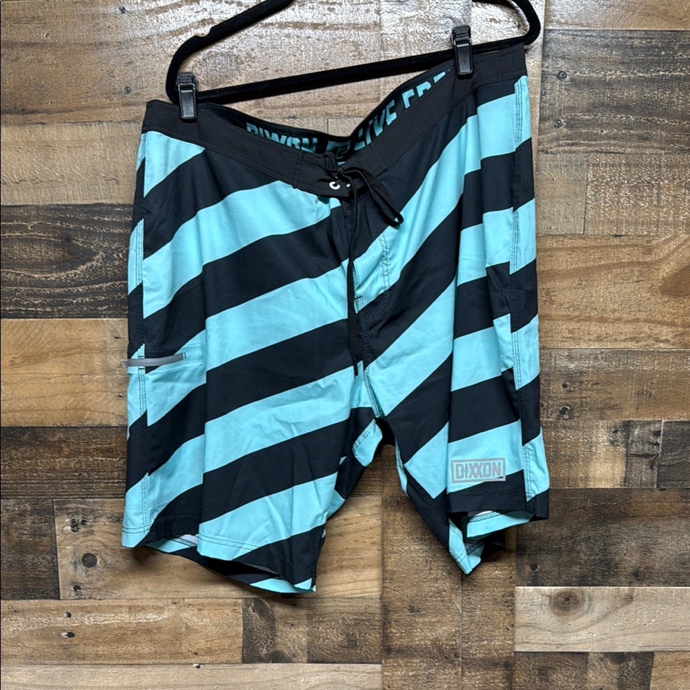 DIXXON Aqua and Black Striped Swim Board Shorts Men's Size 42‎
